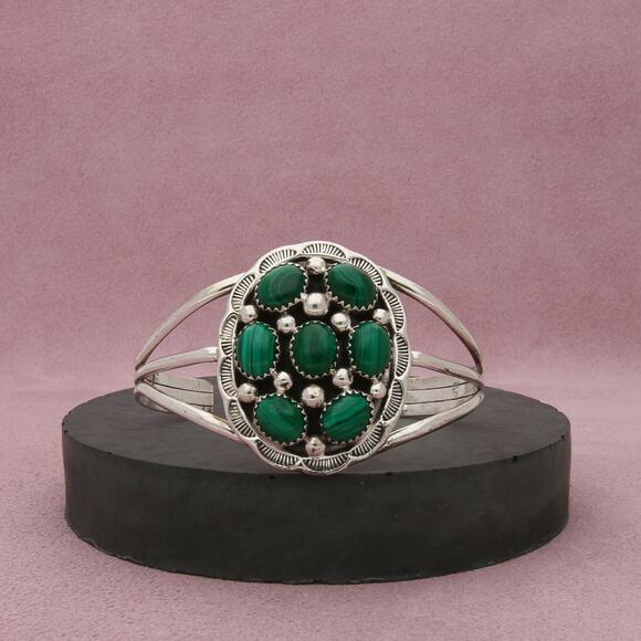 Native Jewelry - navajo sterling silver vintage malachite cluster cuff bracelet size 6.5in